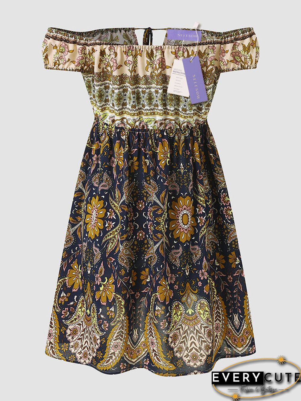 Selfsow Flower Paisley Print Off Shoulder Tie Back Bohemian Mini Dress