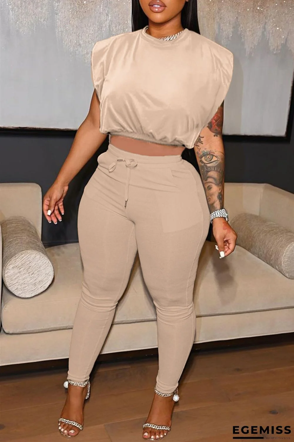 Khaki Fashion Casual Solid Basic O Neck Sleeveless Two Pieces | EGEMISS