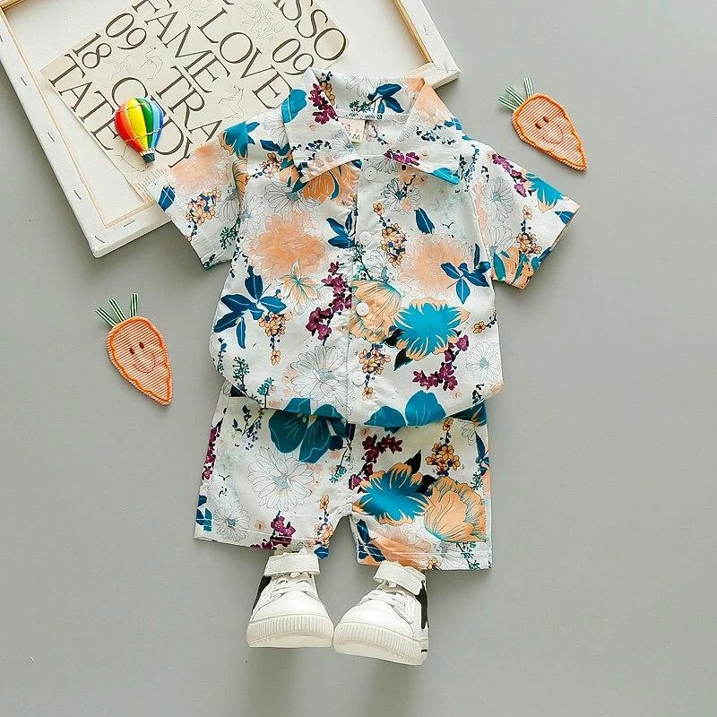 Clothes Set For Boy Baby Summer Shirt  Fashion Flowers Toddler Printed Short Sleeve Shirt + Shorts Boy Suit 1 2 3 4 5 Years