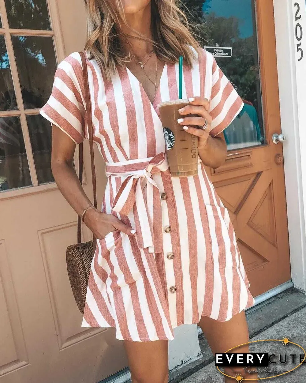 Classic Casual Deep V Neck Tie Waist Vertical Striped Bodycon dress