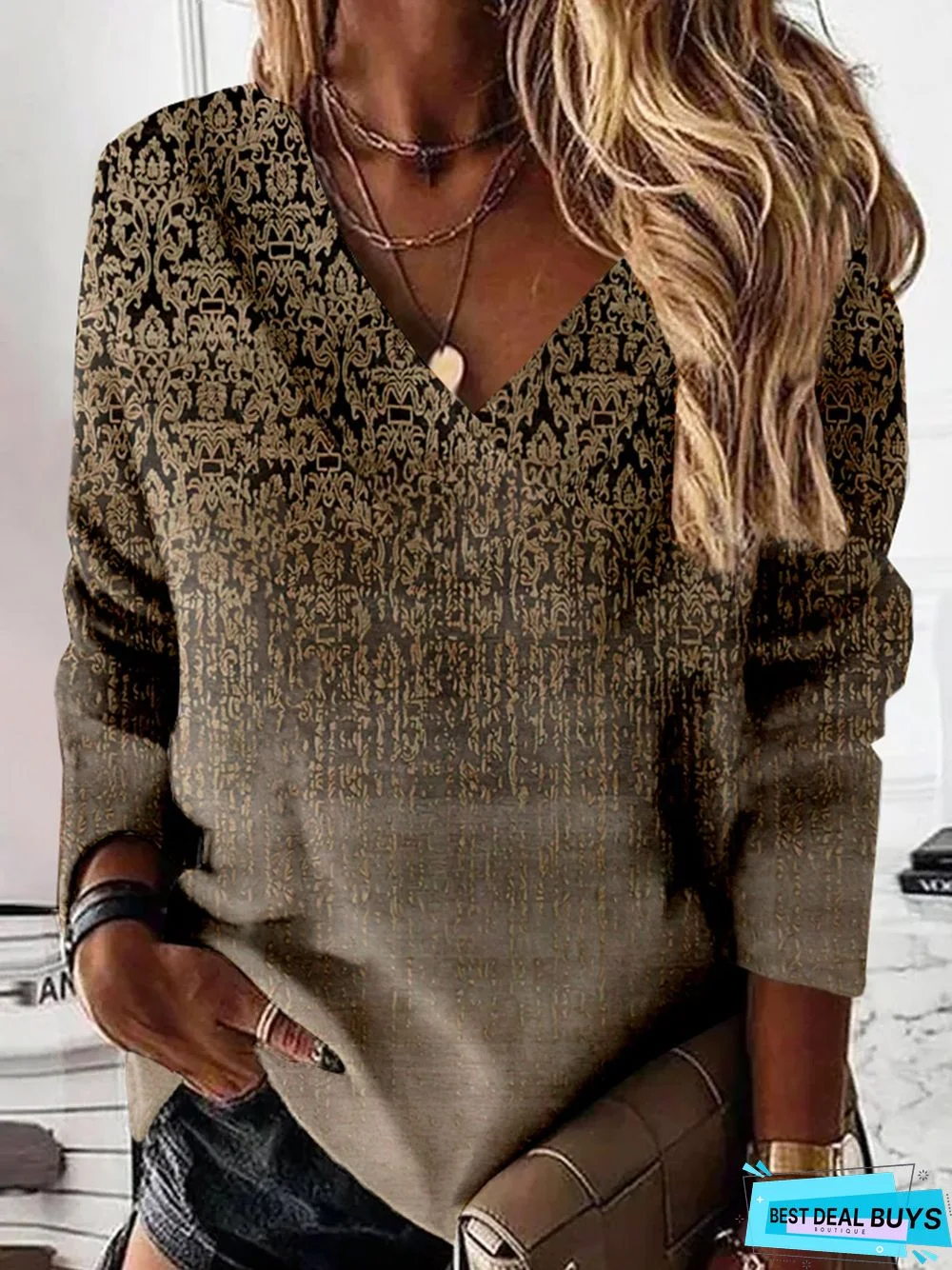 Ethnic Long Sleeve V Neck Casual Tunic Sweatshirt