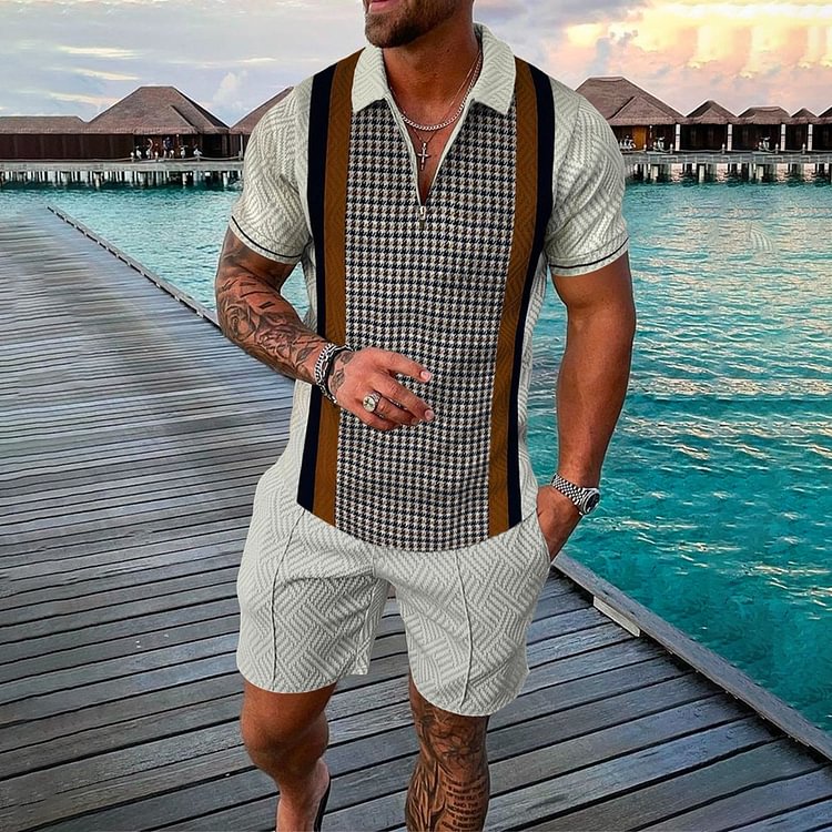 BrosWear Casual Plaid Polo Shirt And Shorts Two-Piece Set