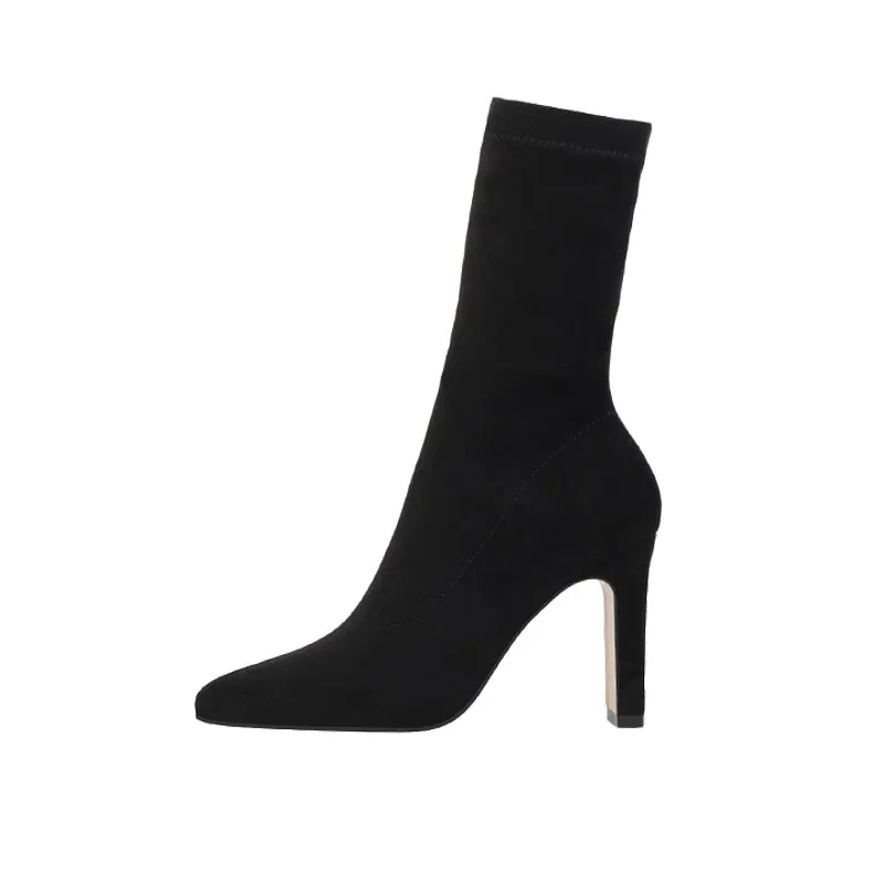 Plus Size High Heel Boots Sock Women 2021 Flock Shoes Sexy Party Thick Heel Ankle Booties Female Winter Pointed Toe Boots Shoes