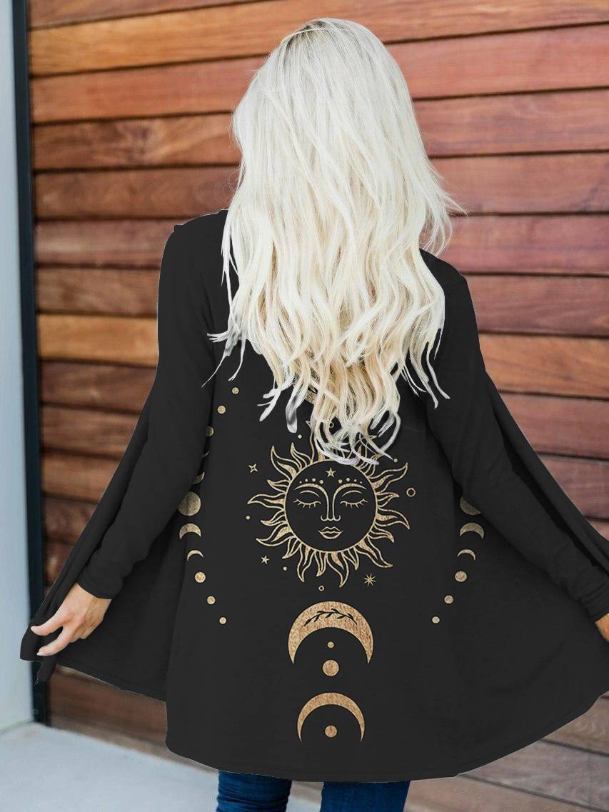 Sun And Moon Boho Mystical Print Casual Cardigan Jacket