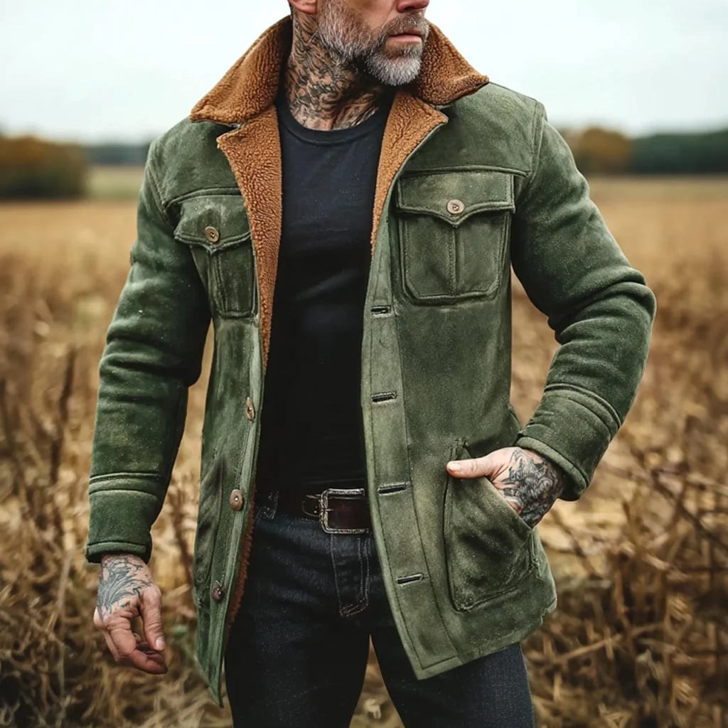 Men's Vintage Fleece Multi-Pocket Lapel Shearling Jacket-inspireuse