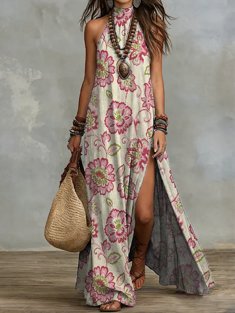 Bohemian Floral Halter-neck Maxi Dress With Slit