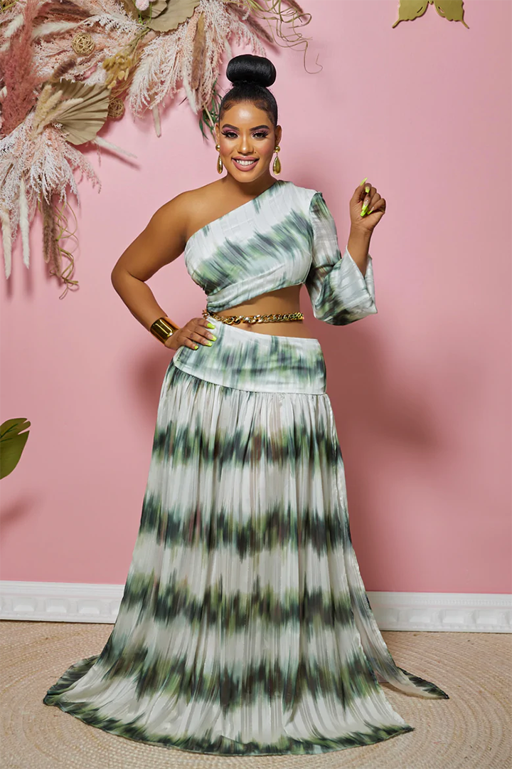 Printed Two Piece One Shoulder Top Slit Maxi Skirt Set