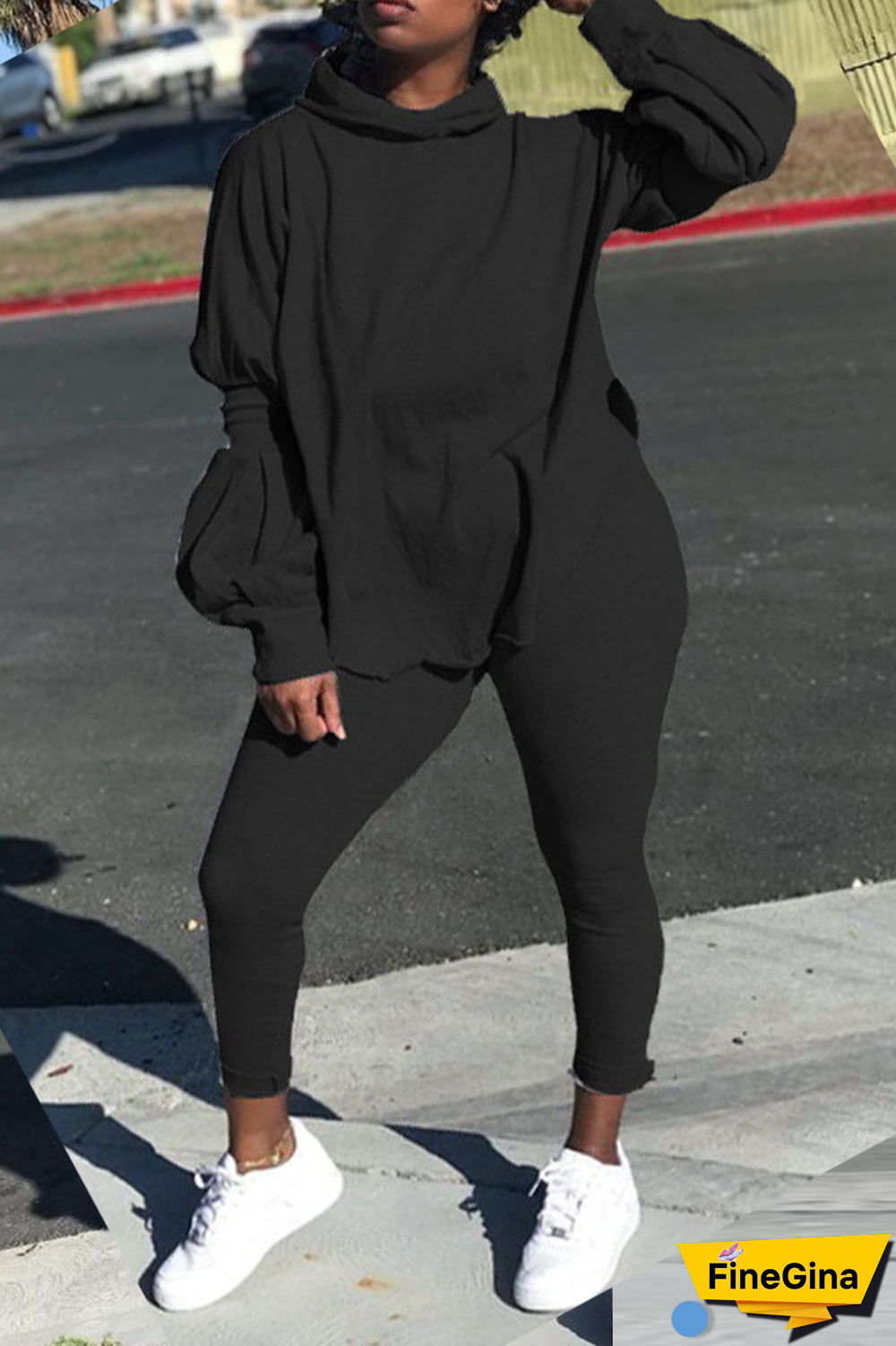 Pink Street Solid Patchwork Hooded Collar Long Sleeve Two Pieces