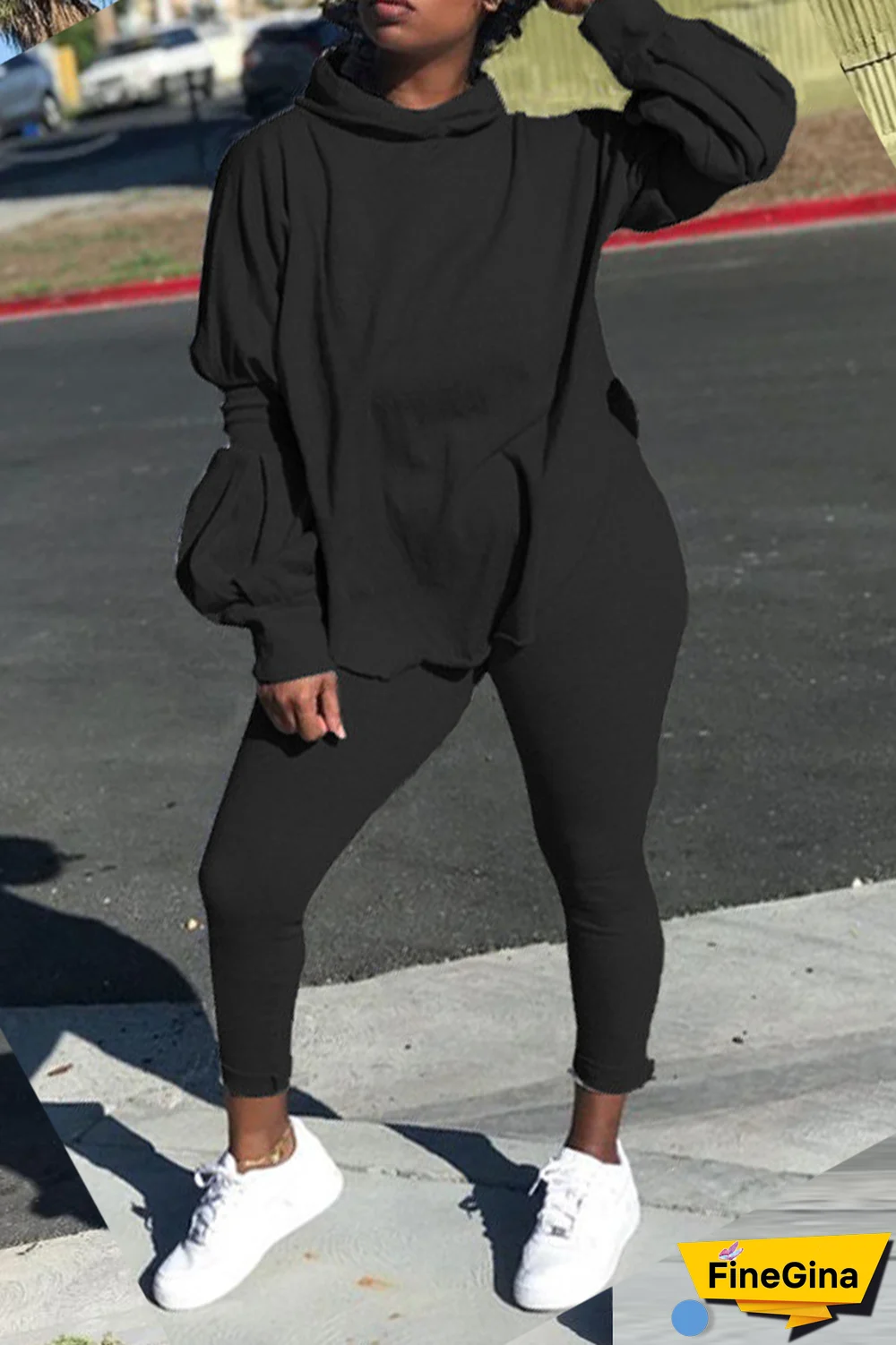 Pink Street Solid Patchwork Hooded Collar Long Sleeve Two Pieces