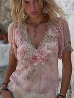 Boho Glitter Pink Roses Lace Flowy Linen Tunic