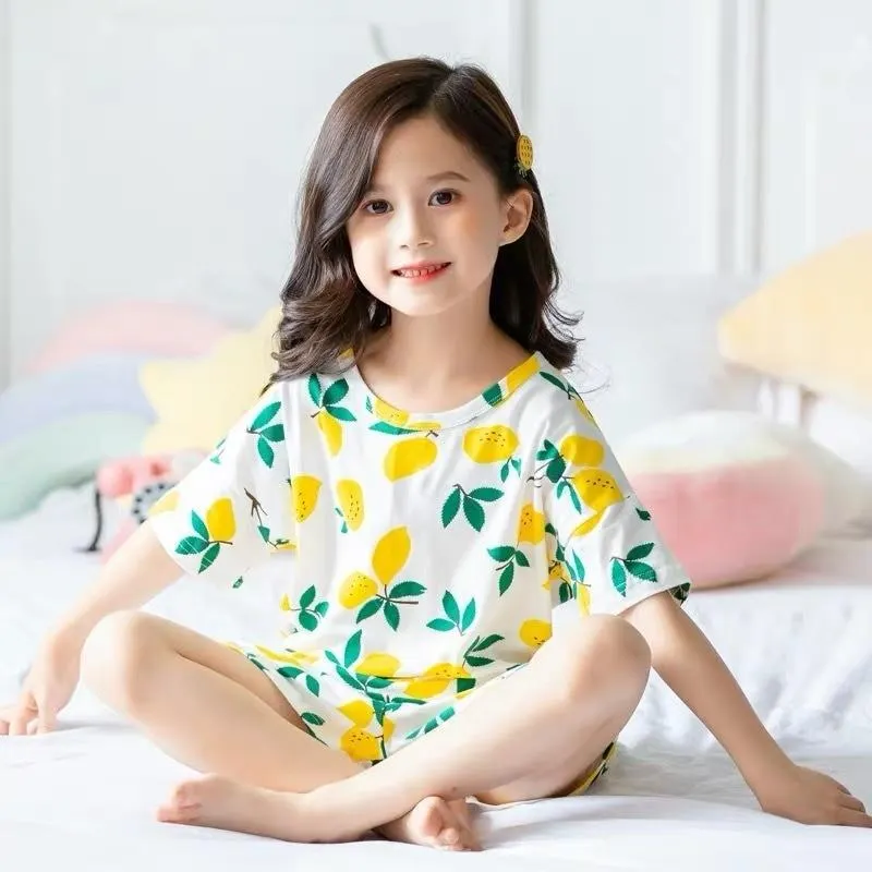 2 to 10 Years 2021 New Summer Girls Kids Pajamas Set Short Sleeves Sleepwear For Toddler Girls Cotton Pyjamas Set Clothes