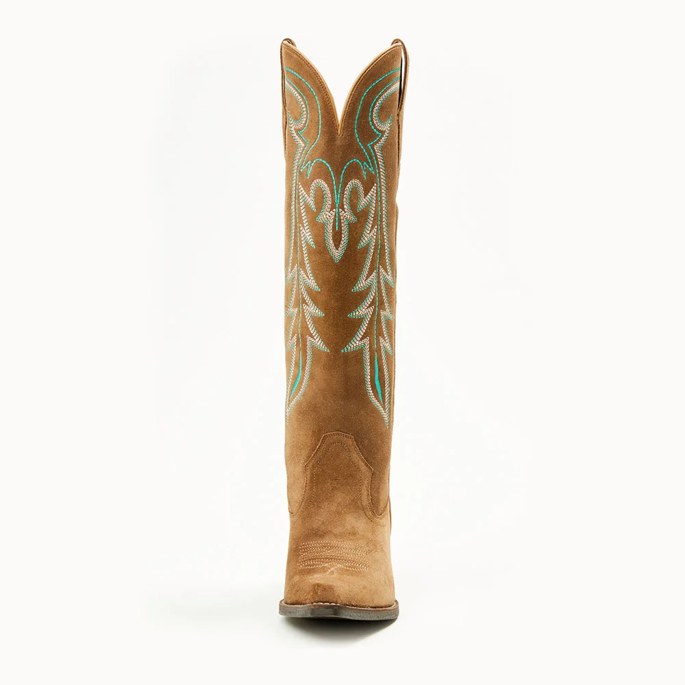 Vegan Suede Chunky Heel Embroidered Cowboy Boots for Women in Tan