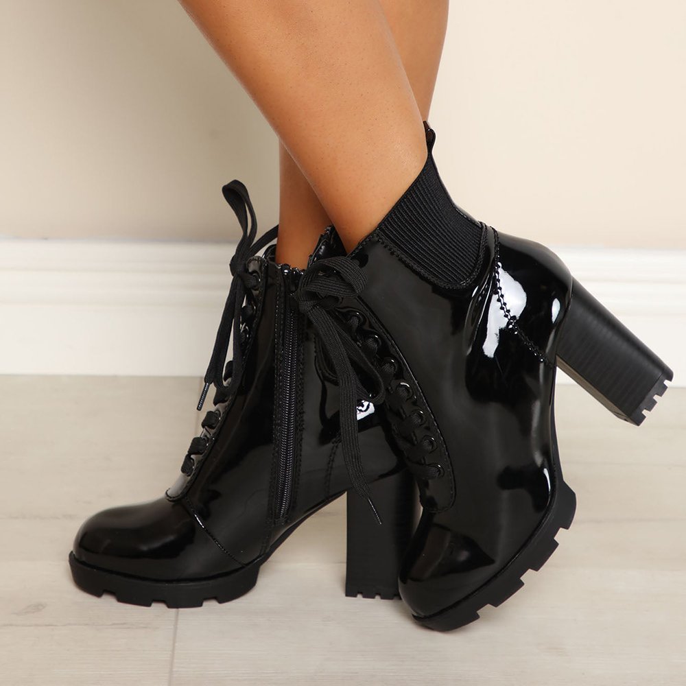 Black Round Toe Boots Lace Up Patent Leather Ankle Boots