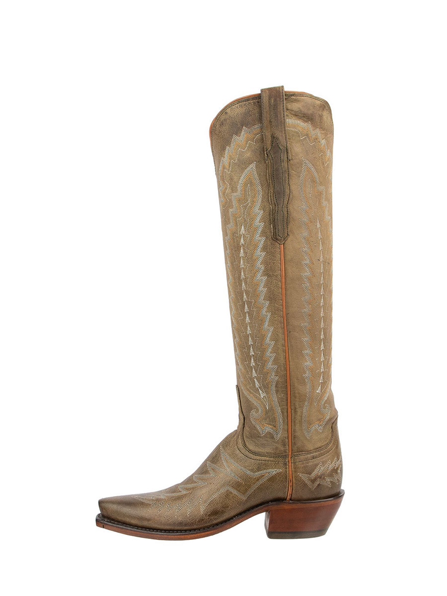 Khaki Vegan Leather Snip Toe Vamp Stitch Pattern Wide Calf Knee-High Cowgirl Boots