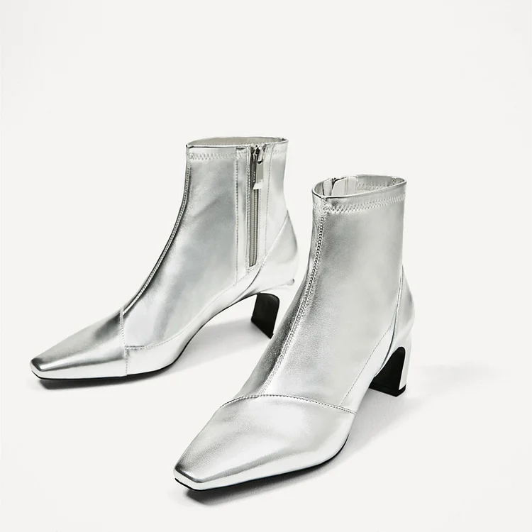 Silver Metallic Square Toe Booties Low Heel Fashion Short Ankle Boots