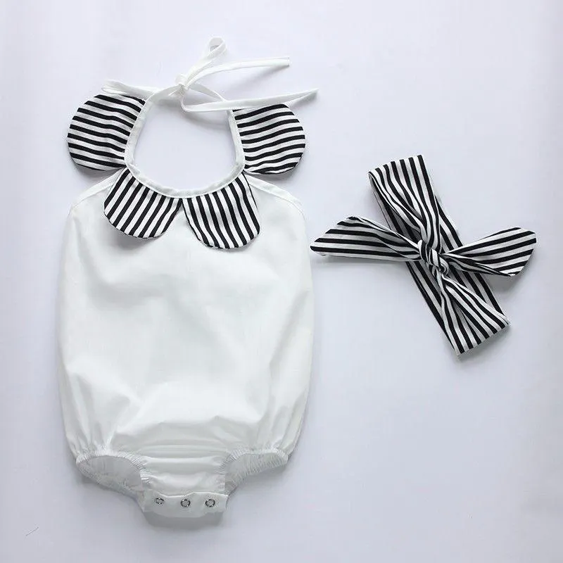 Toddler Infantil Baby Girl Romper Tops+Striped Shorts Bottoms+Head Band 3PCS Outfits Sunsuit 0-24M
