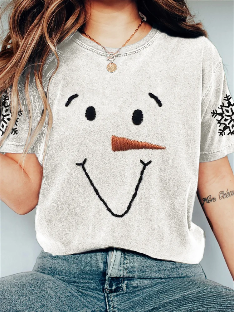 Comstylish Snowman Face & Snowflakes Embroidery Comfy T Shirt