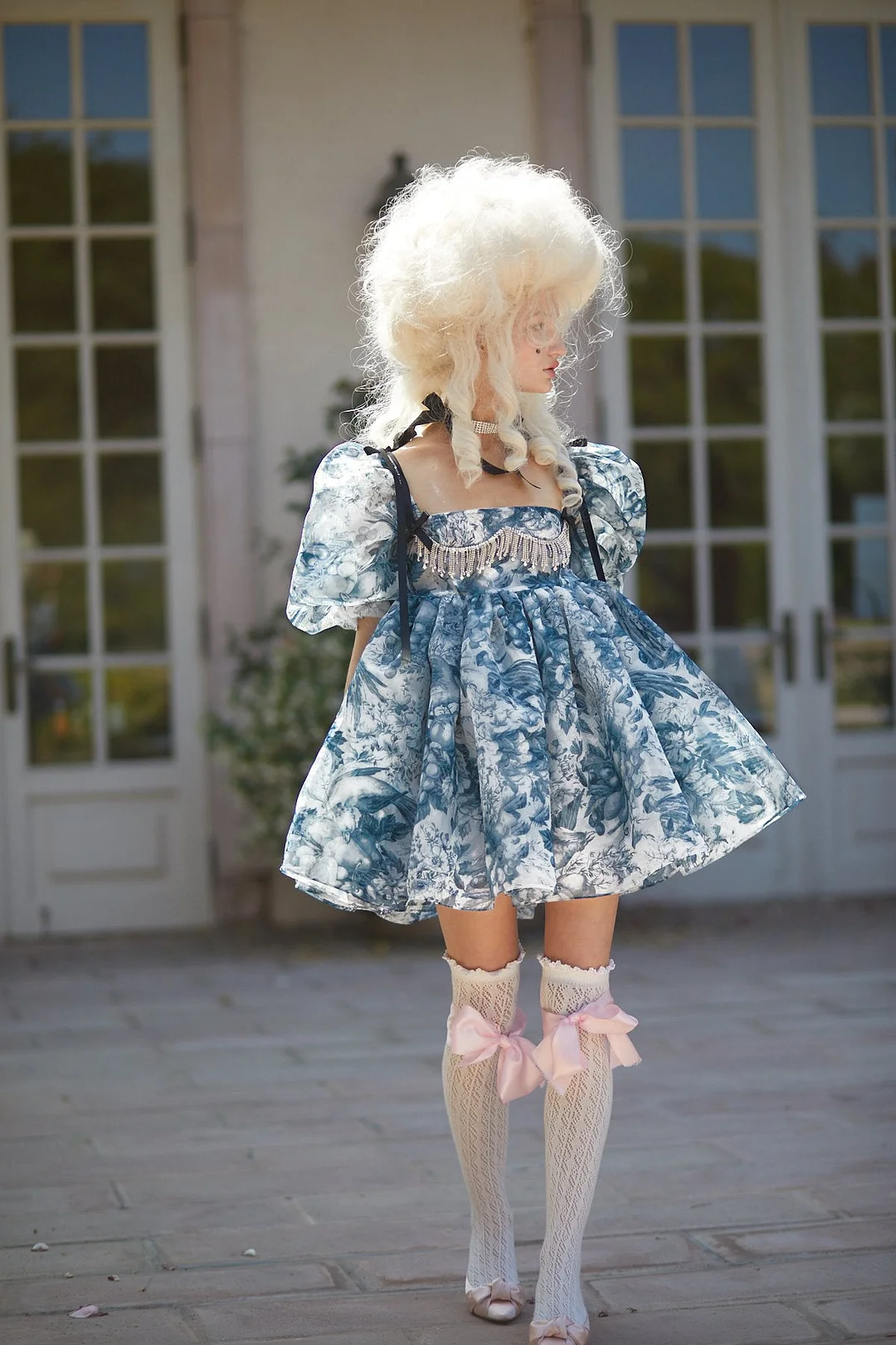 Brownm Printed Square Collar Lantern Short High Waist Sleeve Women's Backless Puffy Dress