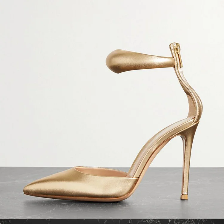 Gold Ankle Strap Zipper Pumps Elegant Pointy Toe Stiletto Heels Evening ...