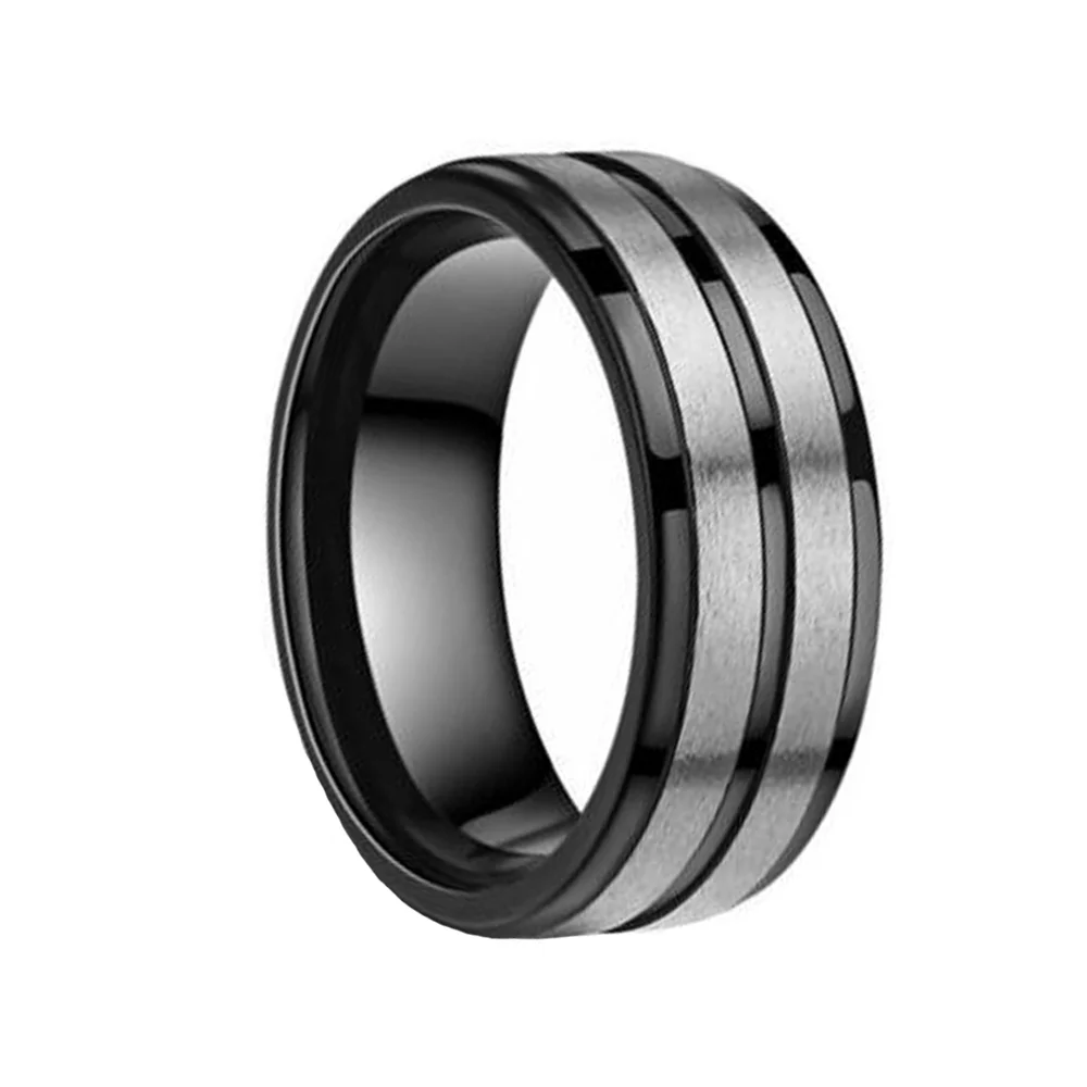 8mm Black Tungsten Rings Double Silver Brushed Polished Finished For Mens