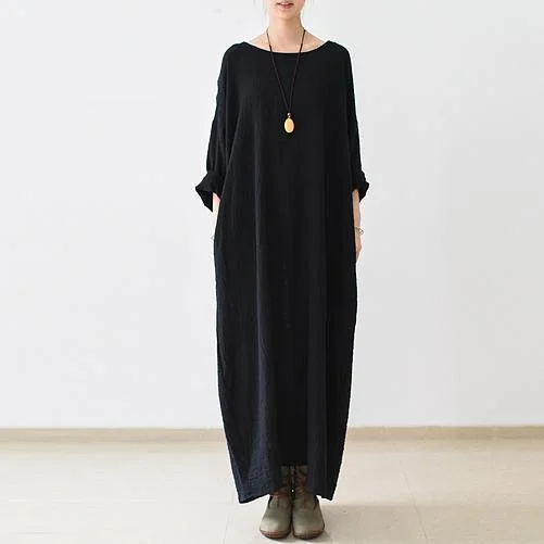 Fall Thin Black Linen Dresses Long Sleeve Linen Caftans Gown (Limited Stock)