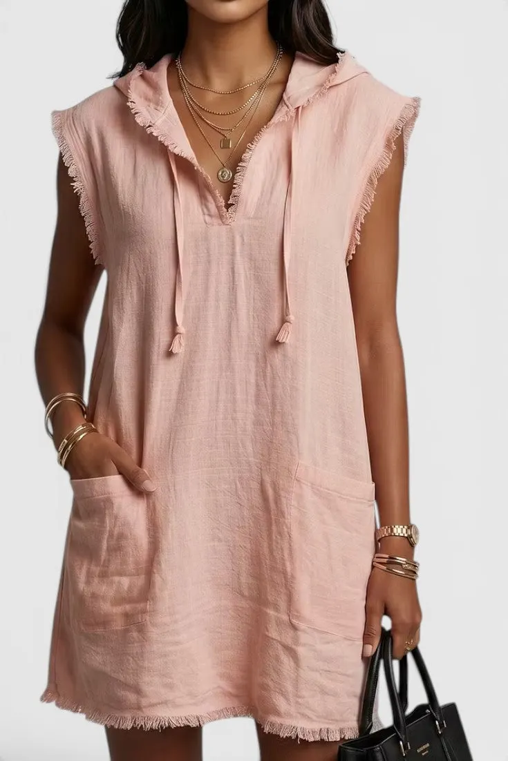 Hooded Sleeveless Linen Dress with Frayed Trim