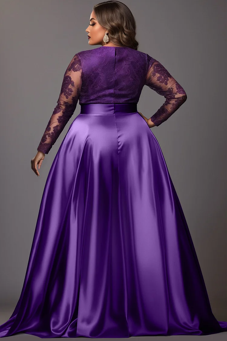Xpluswear Design Plus Size Formal Purple V Neck Long Sleeve Split See Through Lace Satin Maxi Dresses