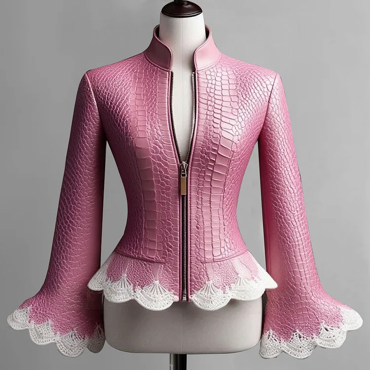 Ursime Crocodile Pattern PU Leather Flare Sleeve Lace Hem Jacket