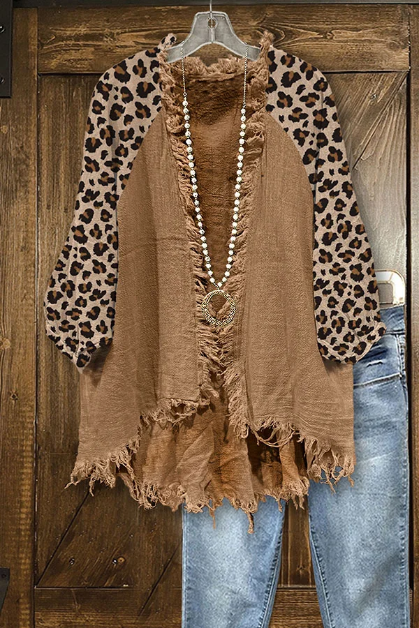 Leopard Print Paneled Frayed Casual Outerwear