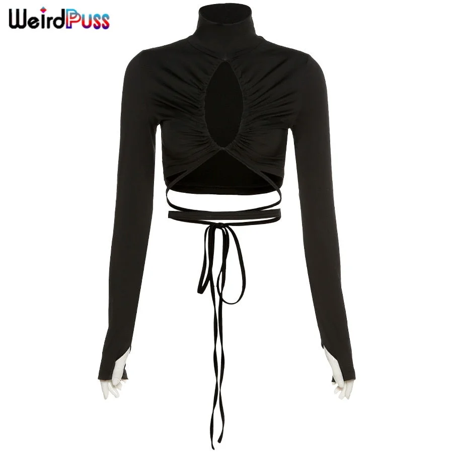 OrangeA 2021 Autumn Women Sexy Hollow Out T-Shirt Drawstring Lace Up Turtleneck Ruched Tops Hot Street Party Clubwear Outfits