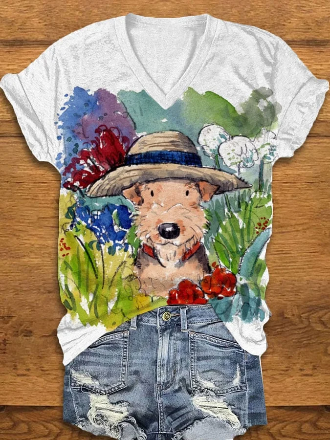 Women's Watercolor Floral Puppy Print V-Neck T-Shirt