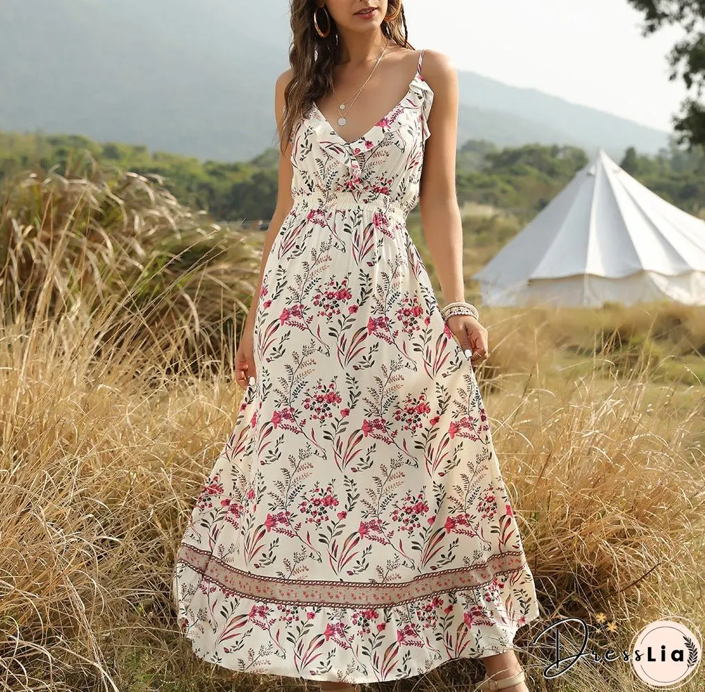 Bohemian Wind Printed Flounced V-neck Suspender Dress