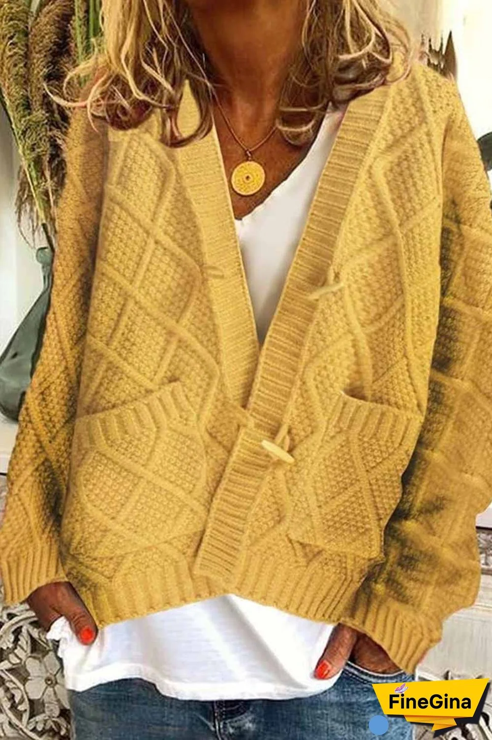 Solid Ribbed Horn Buckle Pockets Cardigan(4 Colors)