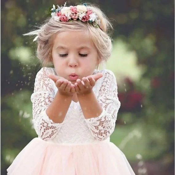 Pretty A Line 3/4 Sleeves V Back Pink Tiered Flower Girl Dresses with Lace 