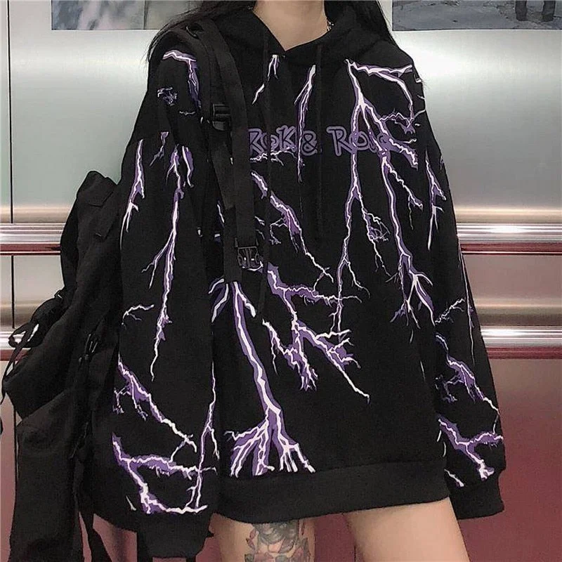 NiceMix Winter Women'S Korean  Harajuku Streetwear Dark Lightning Print Hooded Sweatshirt Fashion Loose Women'S Sweatshirt