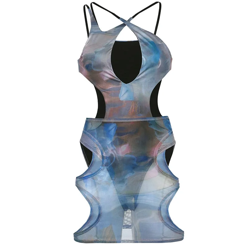 BIIKPIIK Bodysuits+Skirts Matching Sets Hollow Out Halter Clubwear Mesh See Through Female Suits 2021 Beach Summer Clothing