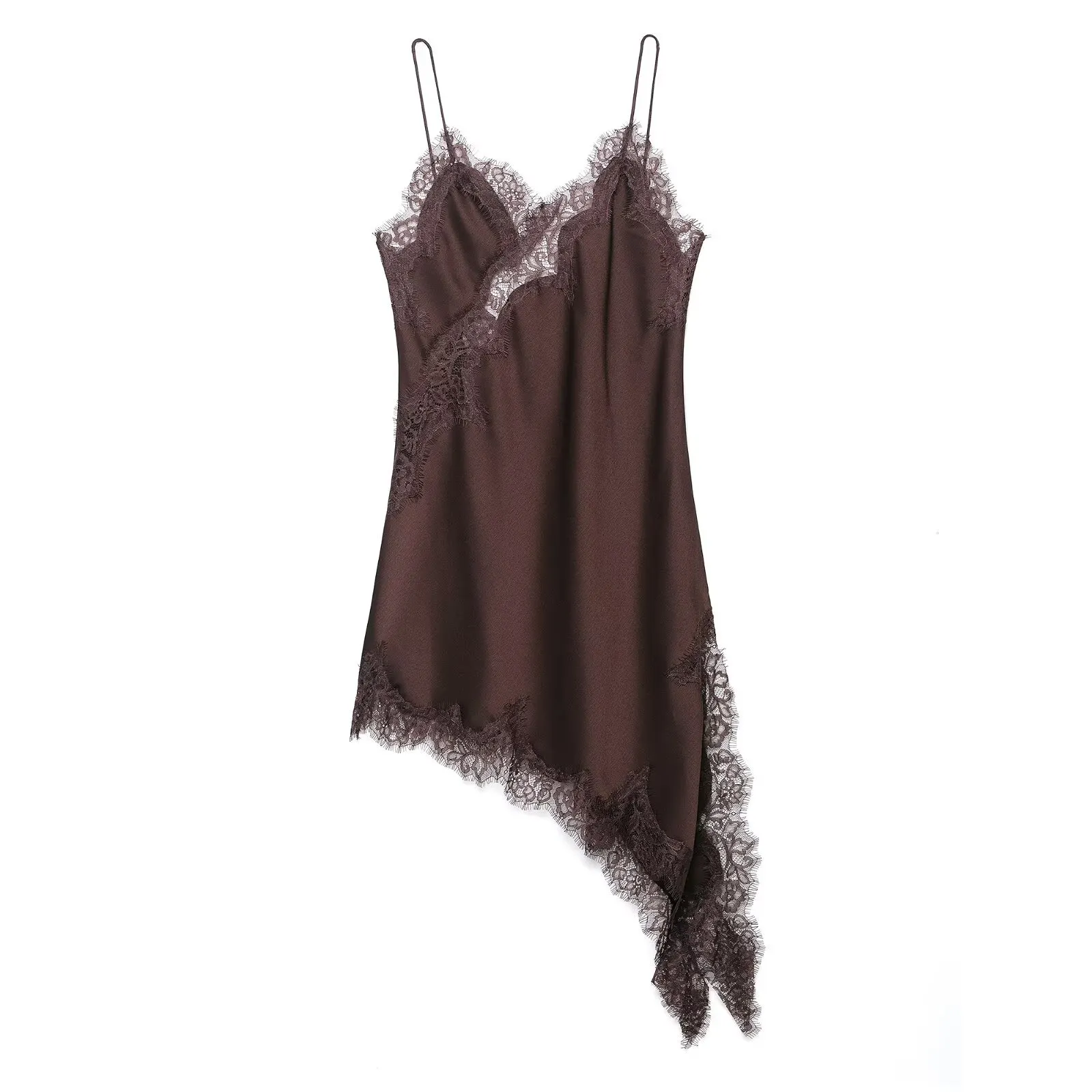 Solid Lace Trim Spaghetti Strap Irregular Hem Mini Slip Dress