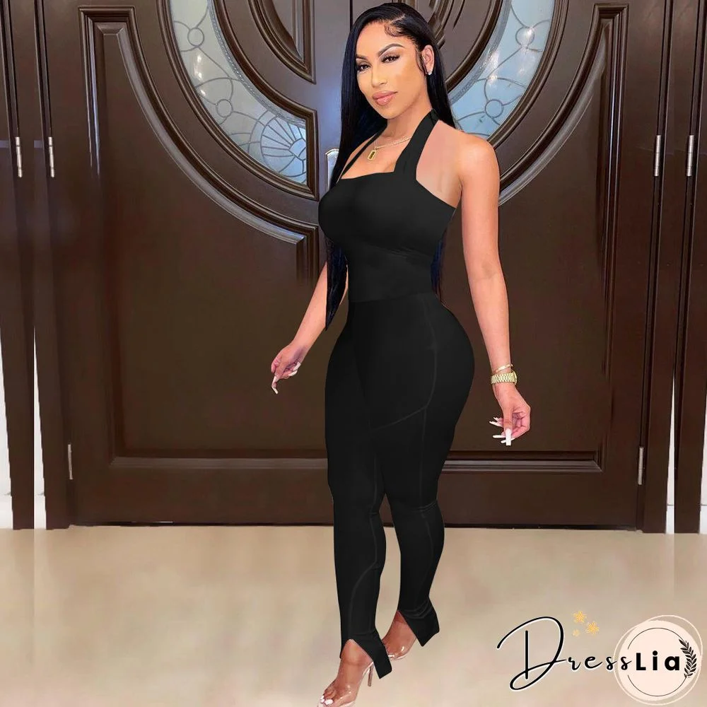 Women Solid Color Sportswear Sleeveless Halter Bodycon Jumpsuits