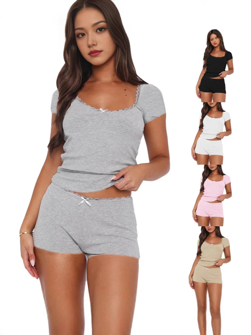 Uveng Lace Splicing Home Two-Piece Set Of Body-Repair Collar Knitting Short Suit Women's Multi-Color Leisure Suit