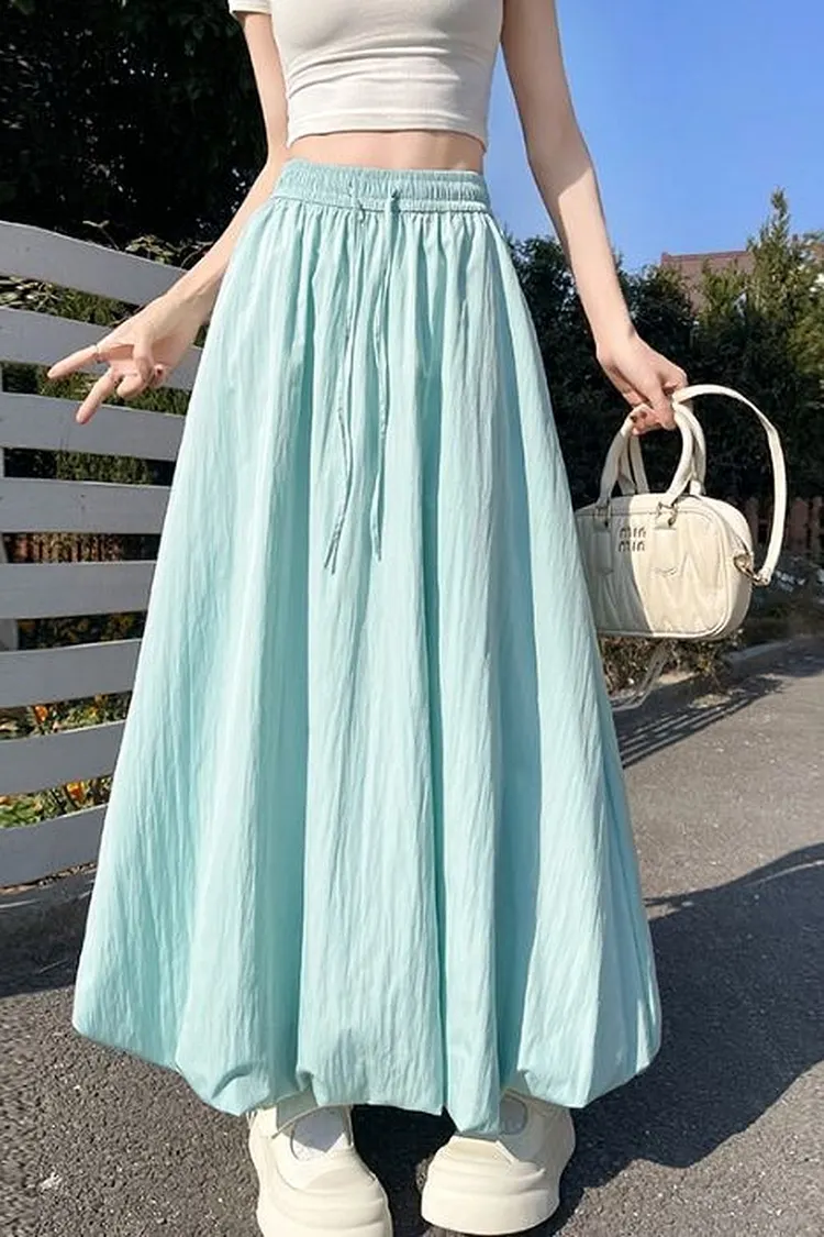 Flowy A - Line Maxi Skirt with Elastic Waistband and Crinkled Fabric