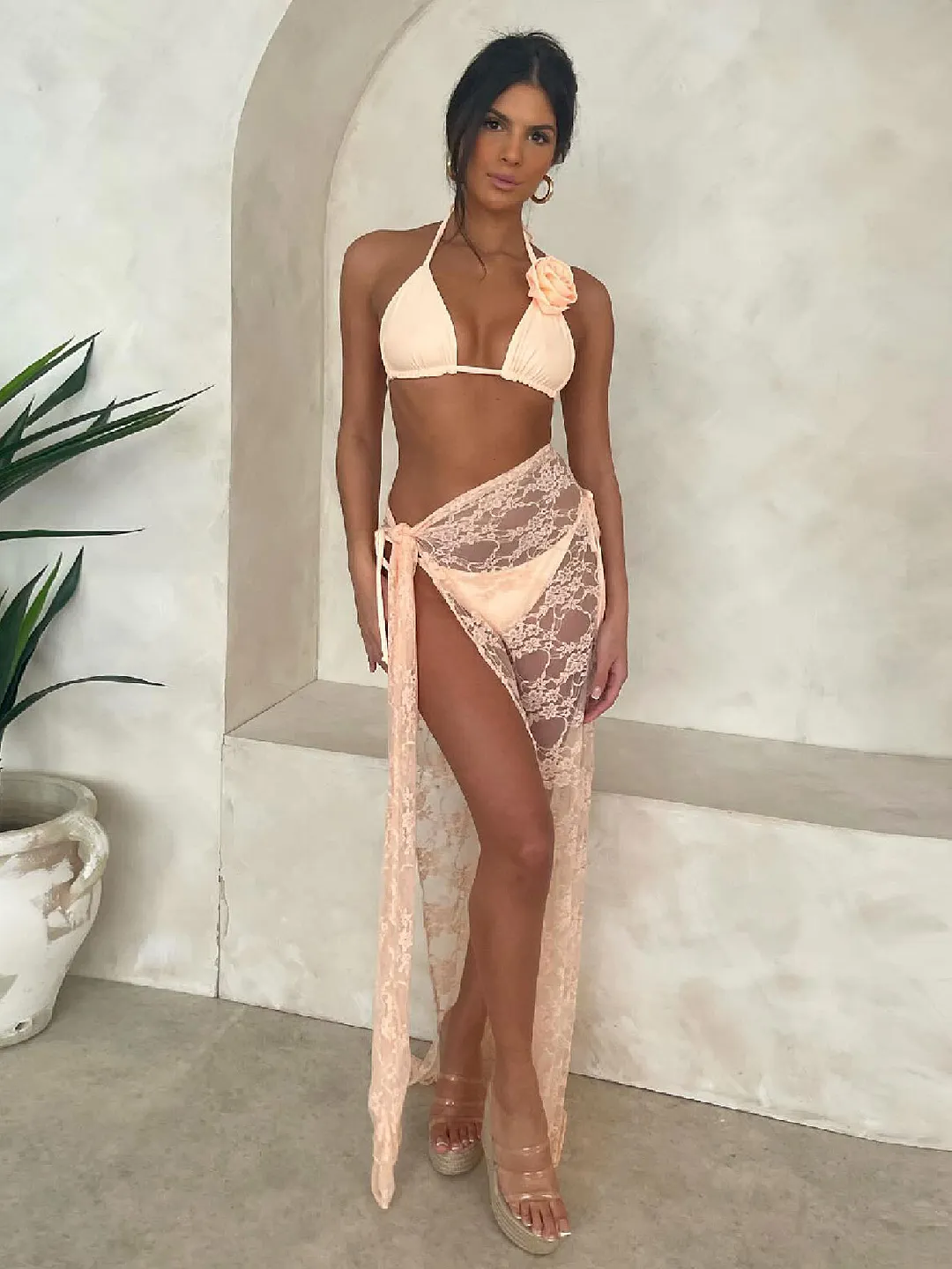 Uveng Three-Point Solid-Color Bikini Sexy Strapped Split Swimsuit Women's Three-Piece Set 2025 New