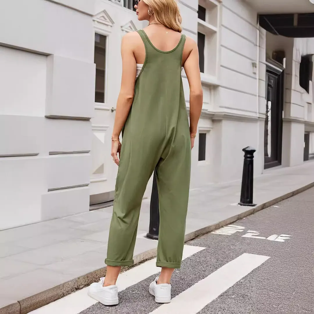 Women's Summer Casual Pocket Knitted One-piece Trousers Jumpsuits