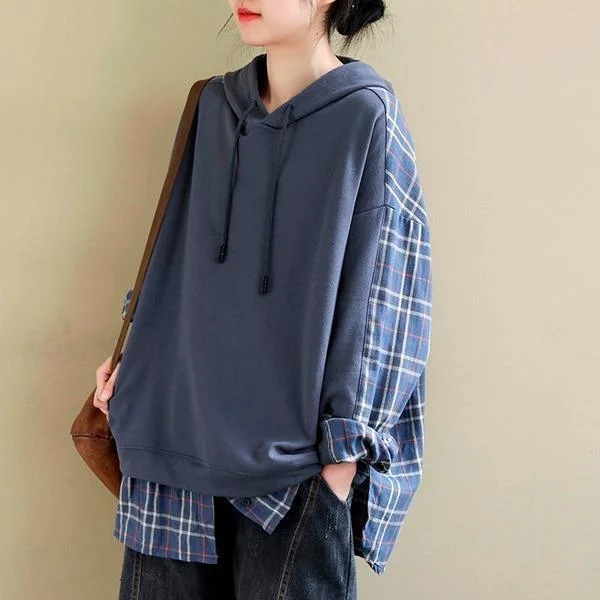 Style Plaid Patchwork Female Hooded Pullovers
