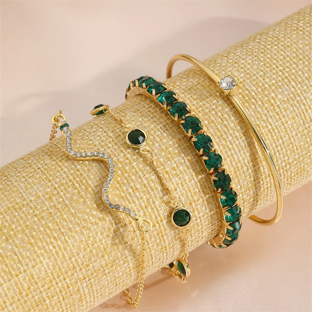 Tegooe 4PCS Stackable Bracelet Set - Rhinestone Snake Green Crystal Charm Bangle