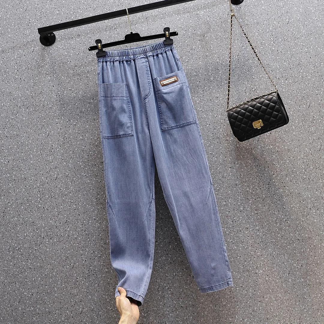 Patches Big Pocket Jeans Woman Elastic Waist Ankle Length Casual Pants Ice Silky Denim Harem Female Pantalon Mujer 2023 Summers