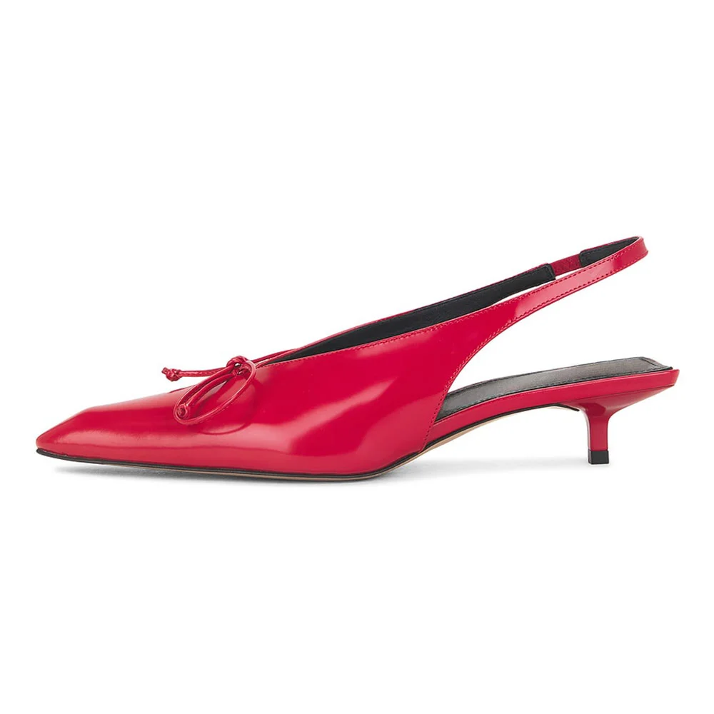 Women's Red Pointed Toe Low Kitten Heel Slingback Pumps with Bow