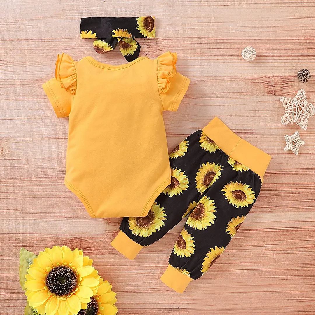 3Pcs Toddler Infant Baby Girls Clothes Ruffle Romper Sunflower Pants Headband Outfit Summer Set