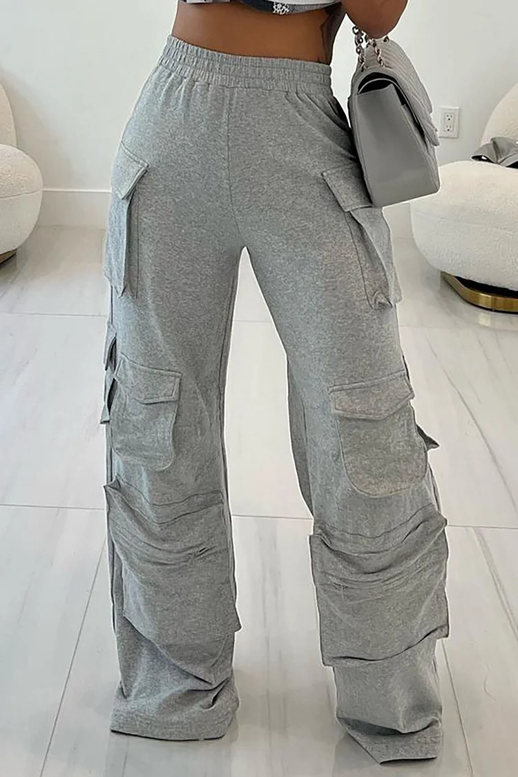 Plus Size Daily Pant Grey Knitted Straight Leg Cargo Pant With Pocket 