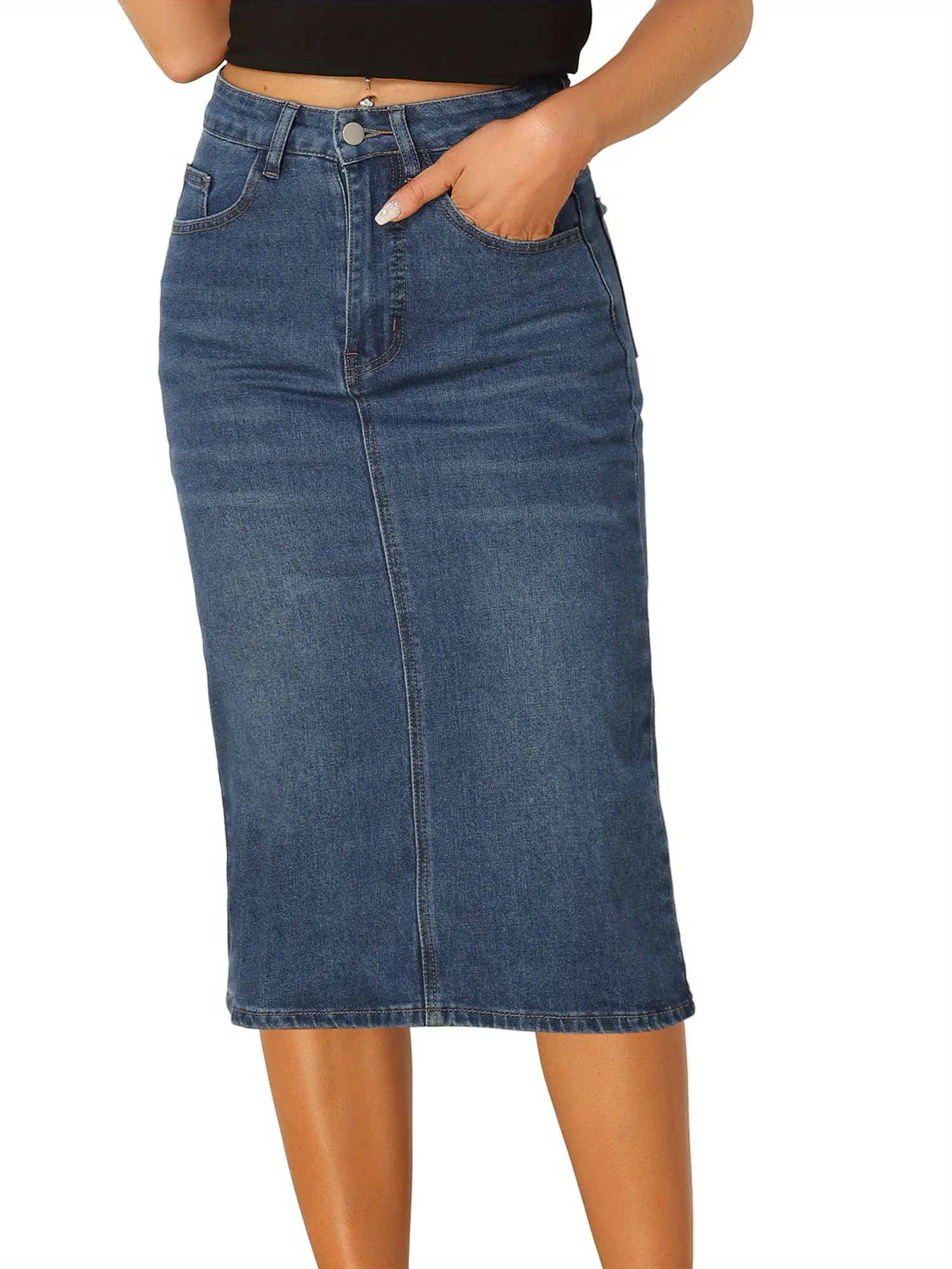 Navy Blue High Waist Denim Midi Skirt Back Split Slash Pockets Button Closure Womens