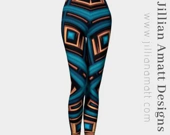 Pornhint Women's Leggings Blue and Copper Squares Full Length Leggings Geometric Pattern Funky Festival Tights Compression Fit Made In Canada 5 Sizes